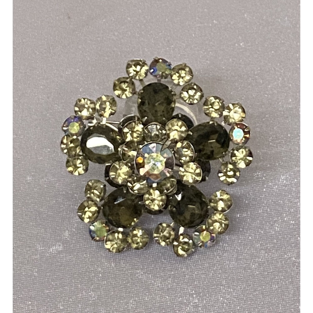 RHINESTONE PIN/BROOCH FLOWER BROWN GREEN IRIDESCENT  MULTI LAYER 3 D 2"1/4 H